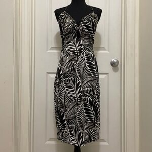 Avec Les Filles Halter Midi Dress Palm Leaf Tropical Size 10 Satin Black Gold